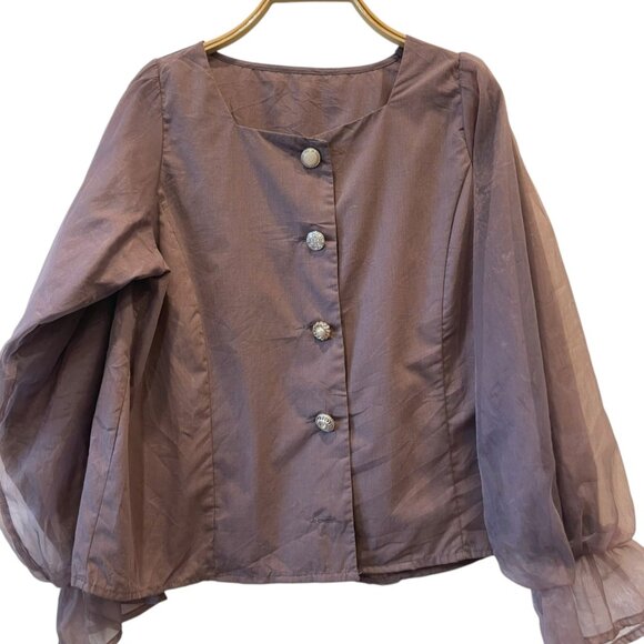 Tops - Elegant Sheer Sleeve Blouse with Jewel Buttons